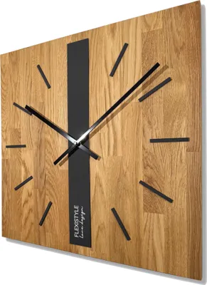 Zdjęcie produktu dla FLEXISTYLE Nowoczesny zegar ścienny bez tykania nowoczesne zegary ścienne drewno łazienka salon dąb (czarny kwadrat, 50 cm)