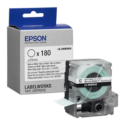 Immagine prodotto di Epson LabelWorks LK-8WBWAA - Nero su bianco - 25 mm rotonde 180 etichette (1 rotolo x 180 etichette rotonde fustellate) - per LabelWorks LW-1000, LW-300, LW-400, LW-600, LW-700, LW-900, LW-Z5000, LW-Z5010, LW-Z900 (C53S658901)