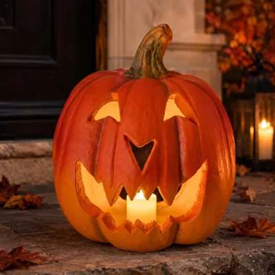 Produktbild von XXL Kürbis-Laterne als LED Halloween-Deko Windlicht in 25x26 cm