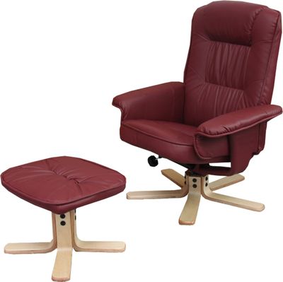 Fotel Relax M56, fotel TV Fotel TV z otomaną, stołek, imitacja skóry , drewno eukaliptusowe z certyfikatem   ~ bordeaux