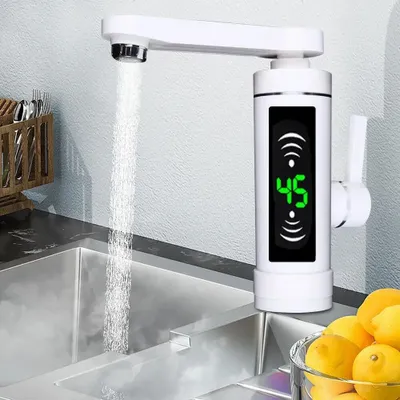 Obrázek produktu pro Elektrický kohoutek na teplou vodu – průtokový ohřívač 3 kW – okamžitá teplá voda – LED displej – pro kuchyň a koupelnu – bílá barva