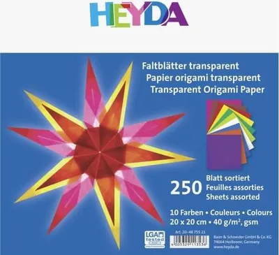 Produktbild von Heyda 204875521 Faltblätter transparent 20 x 20 cm weiß, zitronengelb, orange, mittelrot, pink, flieder, mittelblau, maigrün, mittelgrün, mittelbraun