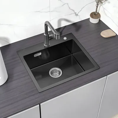 Produktbild von Edelstahlspüle 50 x 45 cm Schwarz, Kratzfeste Hitzebeständige Küchenspüle, Spülbecken, Einbauspüle mit Siphon, Cecipa MAX, Nano-Beschichtung Spüle