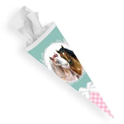 Produktbild von itenga Schultüte Zuckertüte 70cm rund Pferde Filzverschluss weiß