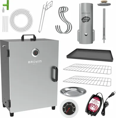A collection of smoking accessories and a smoker, laid out on a white background.