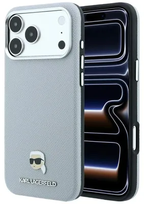 Obrázok produktu pre Kryt Karl Lagerfeld, textúrovaný, s kovovým logom a magnetickým pridaním MagSafe, pre iPhone 18 Pro Max / 17 Pro Max, sivý