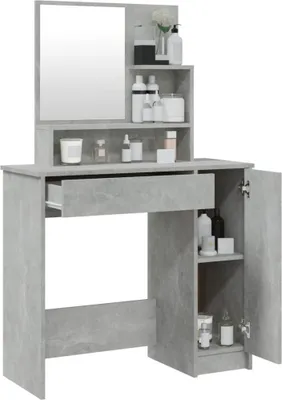 A grey concrete-effect vanity table with a mirror and storage shelves.