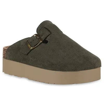 Produktbild von VAN HILL Damen Pantoffeln Hausschuhe Plateau Profil-Sohle Schnallen Schuhe 841256, Farbe: Olivgrün, Größe: 38