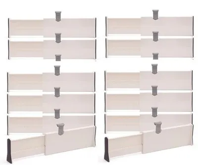 Zdjęcie produktu dla Zestaw 12 przegródek do szuflad JustValue – regulowane w zakresie 28–43 cm – wysokość 10 cm – kolor biały