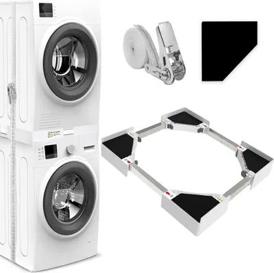 A stacked washing machine and dryer set, a ratchet strap, and a movable appliance base are displayed against a white background.