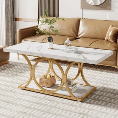 Produktbild von Tribesigns Rechteckiger Couchtisch, 120 cm, moderne Couchtische für Wohnzimmer, 2-stöckiger Couchtisch, Kunstmarmorholz mit geometrischen Metallbeinen