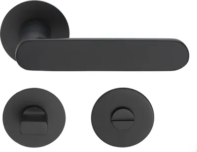 A black door handle set with two rosettes, presented on a white background.