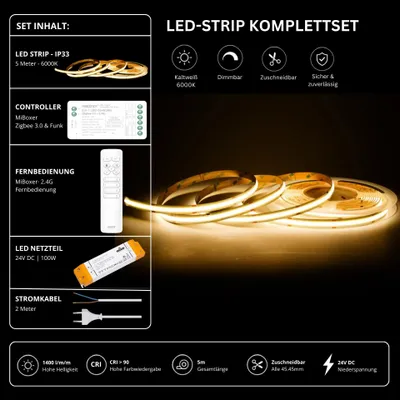 Produktbild von LED Streifen Set Kaltweiß – COB LED Streifen 24V, punktfrei, 14 W/m, 5m, 6000K, CRI 90, IP33 – SS100 Netzteil, SZ2 Zigbee 3.0 Controller und C1 Fernbedienung Weiß