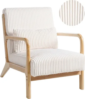 Produktbild von BELIANI Sessel Weiß Cord Gepolstert mit Holzarmlehnen Dicke Polsterung Niedrige Sitzhöhe Retro Vintage Wohnzimmer Schlafzimmer Flur Holzsessel