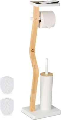 Produktbild von Relaxdays WC Garnitur, HxBxT: 80,5 x 23 x 18 cm, stehender Klopapierhalter mit Ablage & Toilettenbürste, weiß/natur
