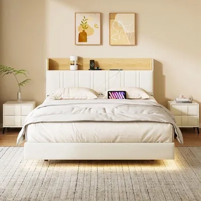 Obrázek produktu pro Postel pro dvě osoby, rozměry 140x200 cm - Béžová - S úložným prostorem a USB porty