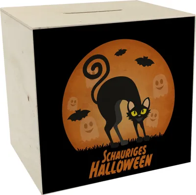 Produktbild von Schauriges Halloween Spardose aus Holz mit schwarzer Katze