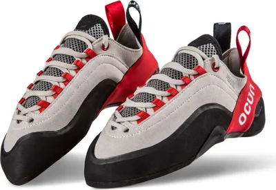 Schnür-Kletterschuhe "PEARL" von Ocun in Grau mit roten Akzenten und schwarzer Sohle.