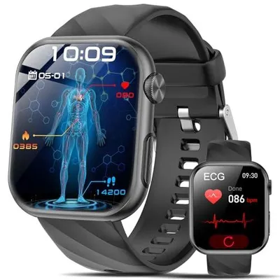 Produktbild von 2026 Neu Smartwatch EKG+HRV/BMI/Harnsäure/tcker Herren Damen, 1.97'' AMOLED Gesundheitsuhr mit Bluetooth Anrufe, 24H Herzfrequenz/Blutdruck/Schlafmonitor, SOS-Notruf Fitnessuhr für Android/iOS