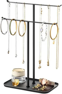 Produktbild von Famanu Schmuckständer mit Metallrahmen und Samtschublade - für Ketten, Armbänder, Ohrringe und Ringe