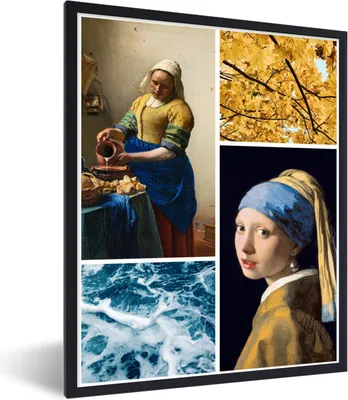 Produktbild von MuchoWow® Gerahmtes Poster Collage - Vermeer - Milchmädchen - Mädchen mit Perlenohrring 60x80 cm - Poster mit Schwarzem Bilderrahmen Wandposter Rahmen Foto Bilder - Premium - Wanddeko Wohnzimmer