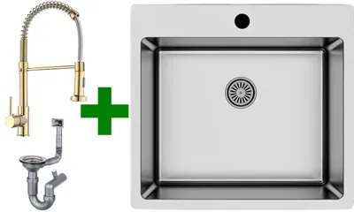 Produktbild von [Edelstahlspüle 50,5x55 +Armatur Spiral Gold] Hochwertig eckig Einbauedelstahlspüle Edelstahl Spülbecken inkl. Siphon-Set, Farbe:Silber