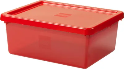A red LEGO storage box with a lid, shown from a slightly elevated front-left angle.