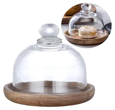 Produktbild von Tortenhaube Kuchenglocke Dessertglocke Kuchenständer - Ø 11,9 cm - Glas mit Holzsockel - Naturholz - Für Torte, Obst und Käse