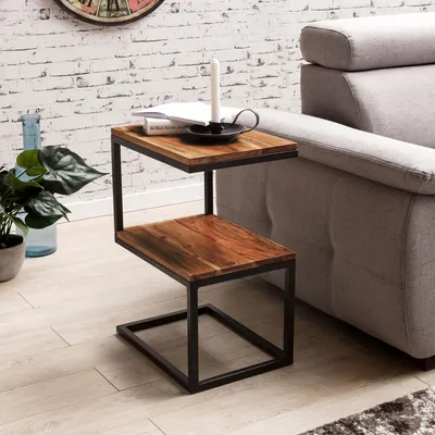 Zdjęcie produktu dla FineBuy Stolik pomocniczy w kształcie litery S z litego drewna sheesham / metalu 45 x 60 x 30 cm Design Stolik do salonu w stylu rustykalnym Stolik przyścienny Stolik pomocniczy Narożny