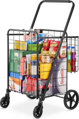 A black metal shopping trolley filled with various grocery items and household products.