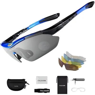 Produktbild von Falkann Basics Fahrradbrille Set Blau – Sportbrille mit 5 Wechselgläsern inkl. polarisierter Linse – UV400 Radbrille für Damen & Herren