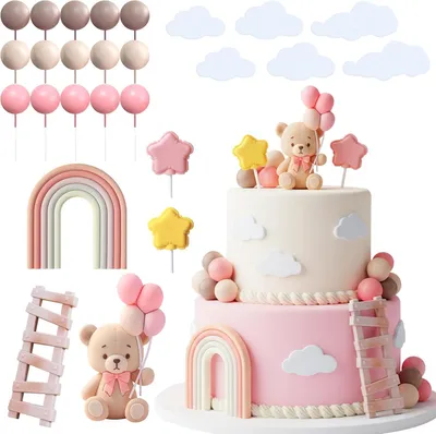 Productafbeelding van Teddybeer taartdecoratie - Set van 26 - Beren - Taartdecoratie met - Ballen - Taarttopper - Beer - Ladder - Regenboog