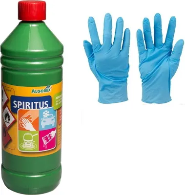 Produktbild von 1 Liter Spiritus zur Reinigung, Verdünnung, Frostschutz in Sicherheitsflasche inkl. Nitril Handschuhe Ethylalkohol