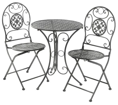 A gray metal bistro set with a round table and two folding chairs, presented on a white background.