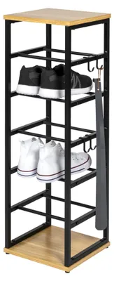 Immagine prodotto di : Scaffale aperto per scarpe, modello eluno, per 6 paia di scarpe, realizzato in metallo nero opaco, con 2 ripiani in legno, inclusi 4 ganci, piedini regolabili in altezza. Ideale come porta scarpe, scaffale per scarpe, armadietto per scarpe, sistema di stoccaggio per scarpe, organizer per scarpe