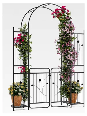 Produktbild von Gartenbogen mit Tür, Spalier und 2 Ablagen, stabiler Metallbogen für Kletterpflanzen, inkl. Erdspieße, 163x50x220cm