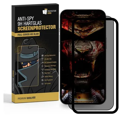 A product package for an anti-spy screen protector for an iPhone, with a sample screen protector shown on a phone.