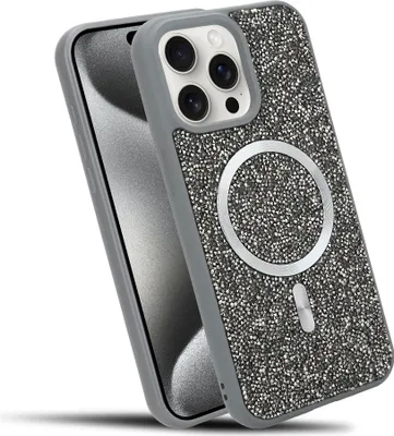 Immagine prodotto di Cadorabo custodia per Apple iPhone 15 PRO MAX custodia glitter compatibile con MagSafe in GRIGIO custodia magnetica per cellulare Sparkle Diamond per Apple iPhone 15 PRO MAX custodia protettiva in cristallo antiurto con forza magnetica