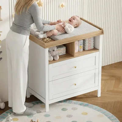 Produktbild von Wickelkommode Weiß 82x50x90cm Multifunktionaler Baby-Wickeltisch mit abnehmbarem Wickelaufsatz und Schubladen Umwandelbare Kommode ohne Polster