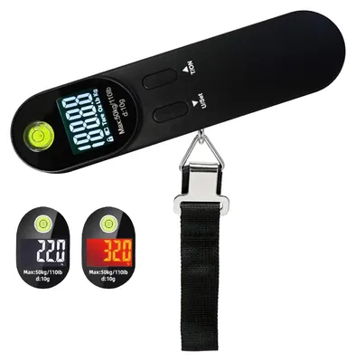 Obrázek produktu pro Přenosná digitální váha na zavazadla s háčkem, váha na zavazadla s integrovanou vodováhou, cestovní gadget, váha na zavazadla s funkcí táry do 50 kg, černá