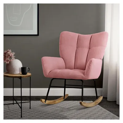Produktbild von Schaukelsessel Rosa, Schaukelstuhl mit Frottee-Bezug, Gepolsterter Schwingsessel mit Holzkufen, Relaxsessel mit Armlehnen für Wohnzimmer, Schlafzimmer und Balkon