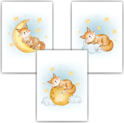 Produktbild von 3er Set Poster Fuchs Bilder für Kinderzimmer Babyzimmer Deko Kinderposter Babyparty – DIN A4 (21x29.7cm)