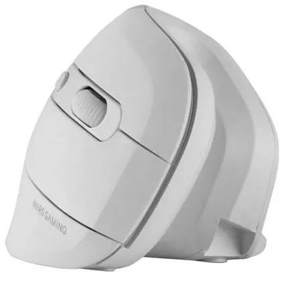 A white wireless mouse is shown from a slightly elevated angle against a white background.
