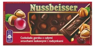 Zdjęcie produktu dla Nussbeisser Czekolada Gorzka Z Całymi Orzechami Laskowymi I Rodzynkami 100 G