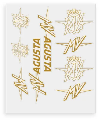 Image de Autocollants pour MV Agusta – Lot de 9 autocollants de couleur or, résistants à l'eau et aux rayons UV, fabriqués en Italie, licence officielle, feuille de 240 x 200 mm
