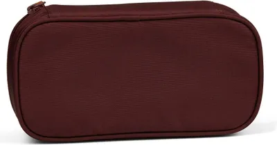 A close-up view of a maroon pencil case.