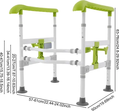 Image de Support pour toilettes - Barrière de sécurité pour toilettes - Réglable en hauteur de 63 à 76 cm - Largeur de 57 à 61 cm - Capacité de charge de 150 kg - Poignées antidérapantes - Adapté aux personnes âgées et aux personnes handicapées - Couleur : vert