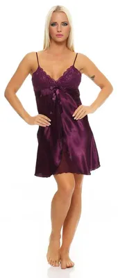 Produktbild von Damen kurzes Satin Negligé Nachtkleid Reizwäsche mit Spitze; Purpurviolett/S