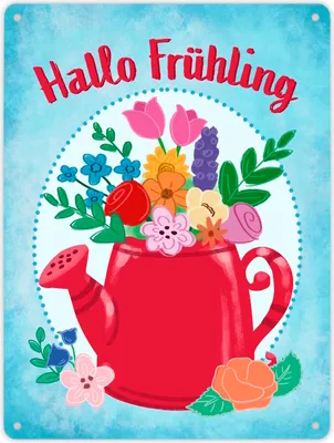 Produktbild von Hallo Frühling Metallschild XL in 21x28 cm mit Blumenkanne