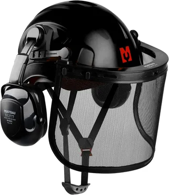 Zdjęcie produktu dla Kask ochronny z osłoną na uszy i siatkową osłoną twarzy, regulowany, zakres rozmiarów 53-63 cm, przeznaczony do pracy w lesie i na budowach